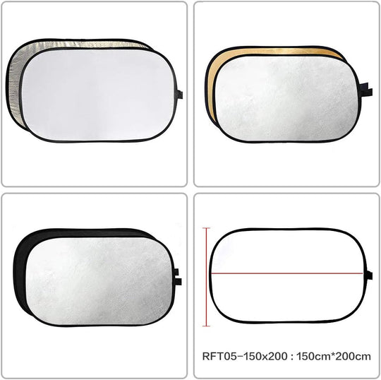 59”X79” 150X200Cm 5-In-1 Collapsible Portable Disc Light Reflector with Bag for Studio and Photography - Gold, Silver, Black, White, Translucent. (Rft05-150X200Cm)