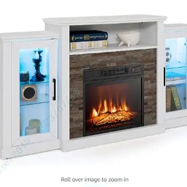 Electric Fireplace TV Stand, Electric Fireplace Mantel with 16-Color Led Lights, Adjustable Glass Shelves, Remote & Smart APP Control, TV Console for Living Room