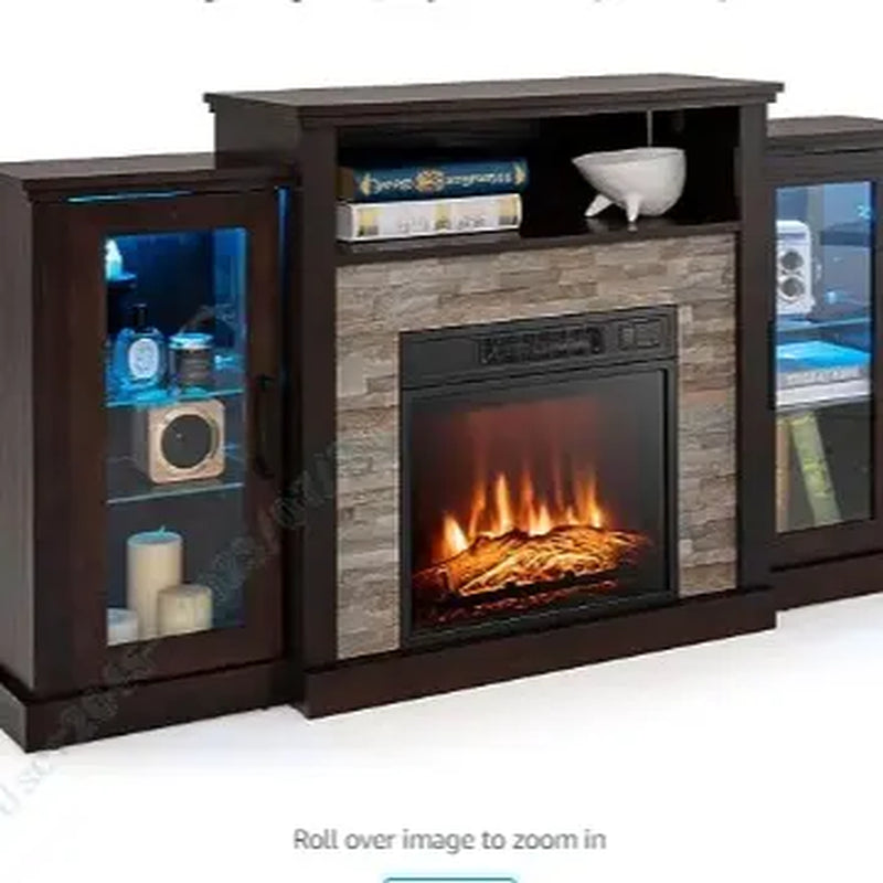 Electric Fireplace TV Stand, Electric Fireplace Mantel with 16-Color Led Lights, Adjustable Glass Shelves, Remote & Smart APP Control, TV Console for Living Room