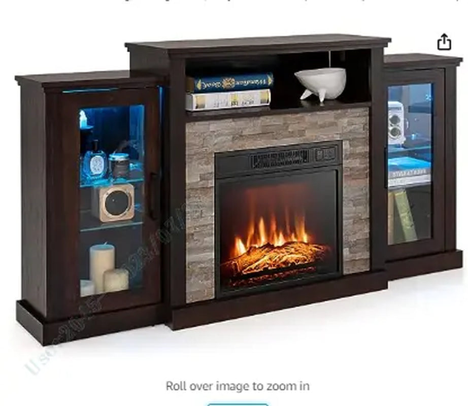 Electric Fireplace TV Stand, Electric Fireplace Mantel with 16-Color Led Lights, Adjustable Glass Shelves, Remote & Smart APP Control, TV Console for Living Room
