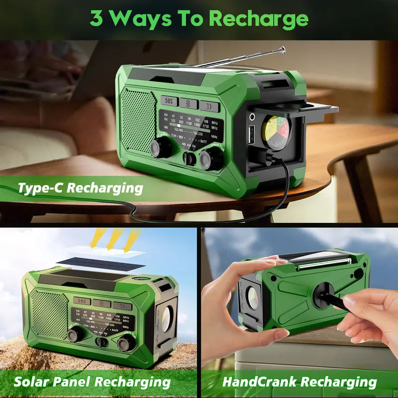 10000Mah Emergency Hand Crank Radio with LED Flashlight, AM/FM NOAA Portable Weather Alert Radio, Solar Powered Radio with Phone Charger, USB Charged, Headphone Jack, SOS Alarm, Compass for Outdoors Audio Button Rechargeable Mobile