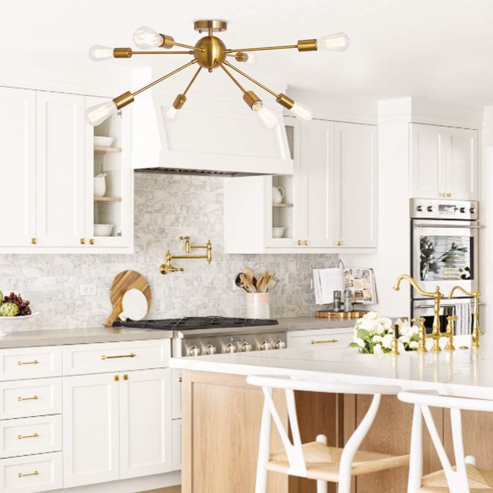 Sputnik Chandelier 8 Lights Semi Flush Mount Ceiling Light Modern Pendant Light Fixture, Brass, Bedroom Dining Room Kitchen Living Room