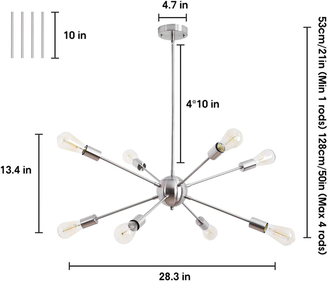 Sputnik Chandeliers 8 Lights Modern Pendant Lighting Industrial Vintage Ceiling Light Fixture, Nickel, Dining Room Bedroom Living Room Kitchen
