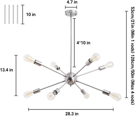 Sputnik Chandeliers 8 Lights Modern Pendant Lighting Industrial Vintage Ceiling Light Fixture, Nickel, Dining Room Bedroom Living Room Kitchen