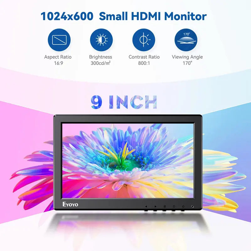 Eyoyo 9 Inch Small Monitor, 1024X600 16:9 IPS HDMI Monitor Support HDMI/VGA/AV/BNC Input with Remote Control & Built-In Speakers, Security Monitor for Computer Raspi CCTV Camera Car