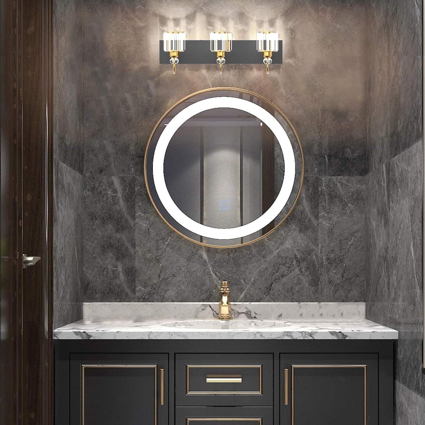 Modern Bathroom Vanity Light Fixture, 3-Lights, Black Metal & Crystal, HJ-8600-3T