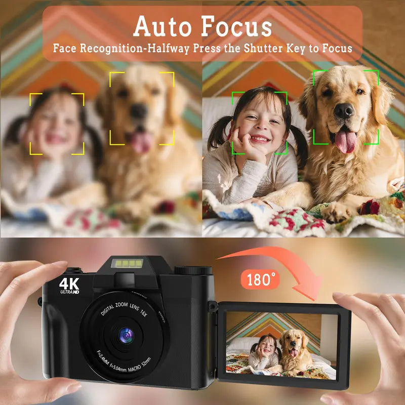 Autofocus Digital Camera for Photography & Video, 48MP 4K Vlogging Camera with 180° Flip Screen, Camera for Vlogging, Camera for Pictures, 3-Inch Compact Digital Cameras with 16X Digital Zoom, 32GB TF Card