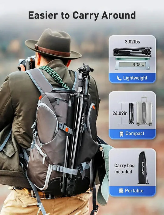 Progearx 73″ Camera Tripod, Professional Complete Tripod with 360°Fluid Head, QR Plate, Robust Aluminium Alloy Body, Carrying Bag, Video Tripod for Camera, DSLR, SLR, Canon, Nikon, Binoculars