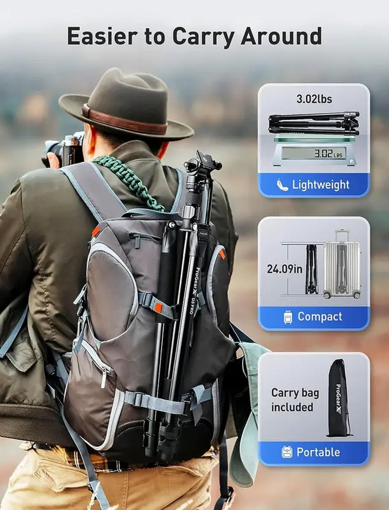 Progearx 73″ Camera Tripod, Professional Complete Tripod with 360°Fluid Head, QR Plate, Robust Aluminium Alloy Body, Carrying Bag, Video Tripod for Camera, DSLR, SLR, Canon, Nikon, Binoculars