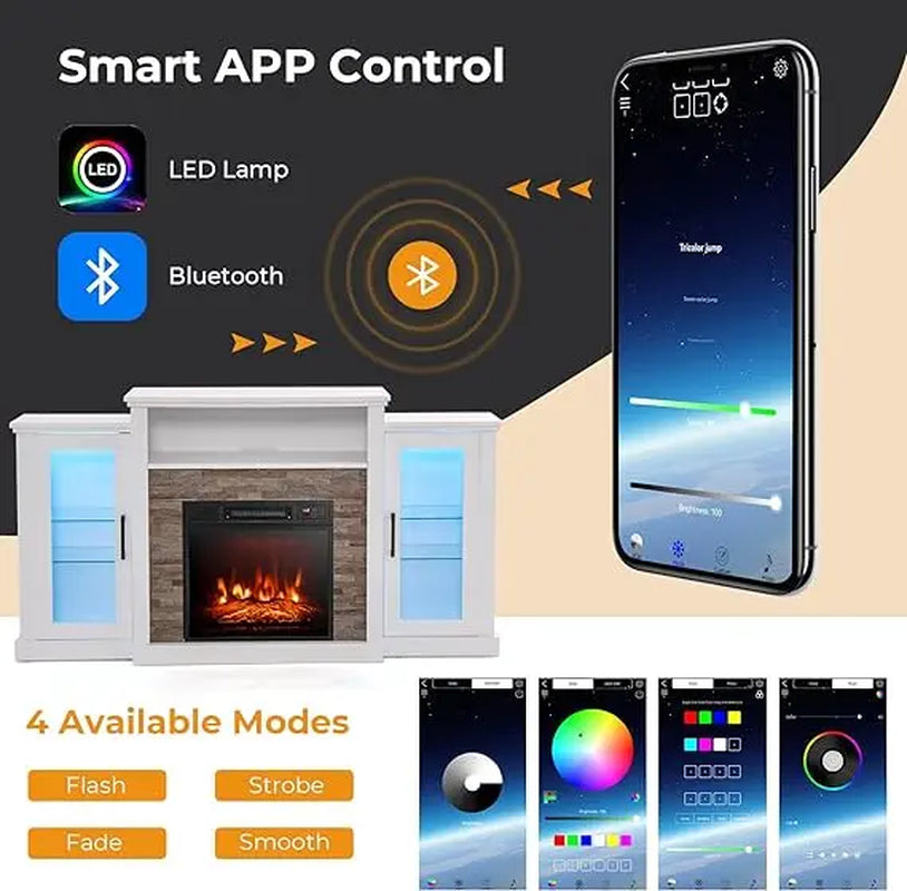 Electric Fireplace TV Stand, Electric Fireplace Mantel with 16-Color Led Lights, Adjustable Glass Shelves, Remote & Smart APP Control, TV Console for Living Room