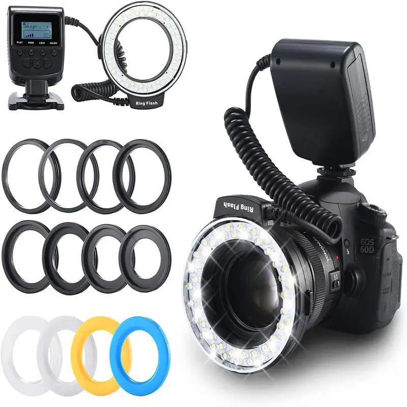 Ring Flash Light, 48 Micro LED Ring Flash Light with LCD Display Power Control, 4Pcs Flash Diffusers & 8Pcs Lens Adaptor for Canon, Nikon DSLR Cameras, Camera Accessories