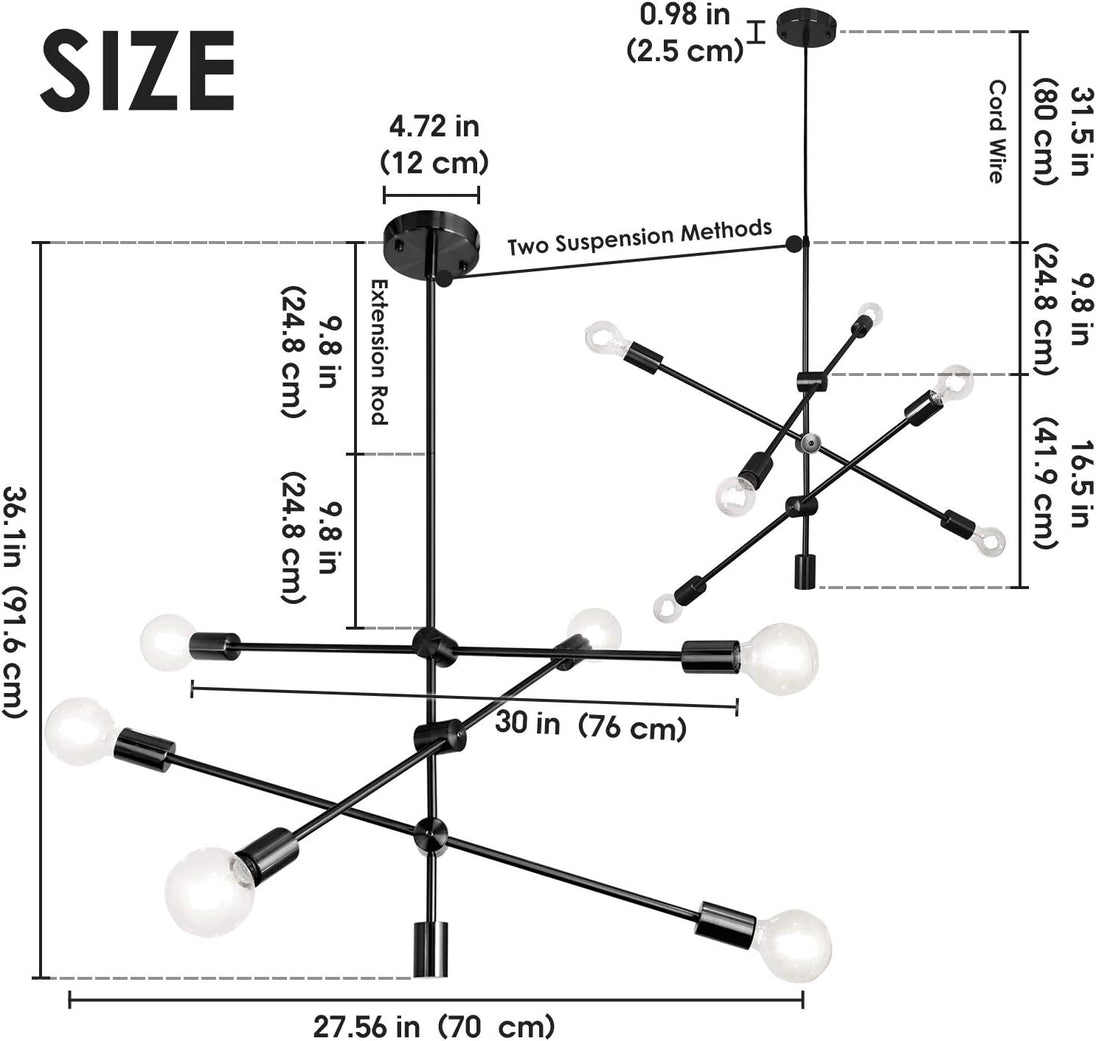 Sputnik Chandelier 6 Lights Modern Pendant Lighting Ceiling Light Fixture, Black, Bedroom Living Room Kitchen Hallway