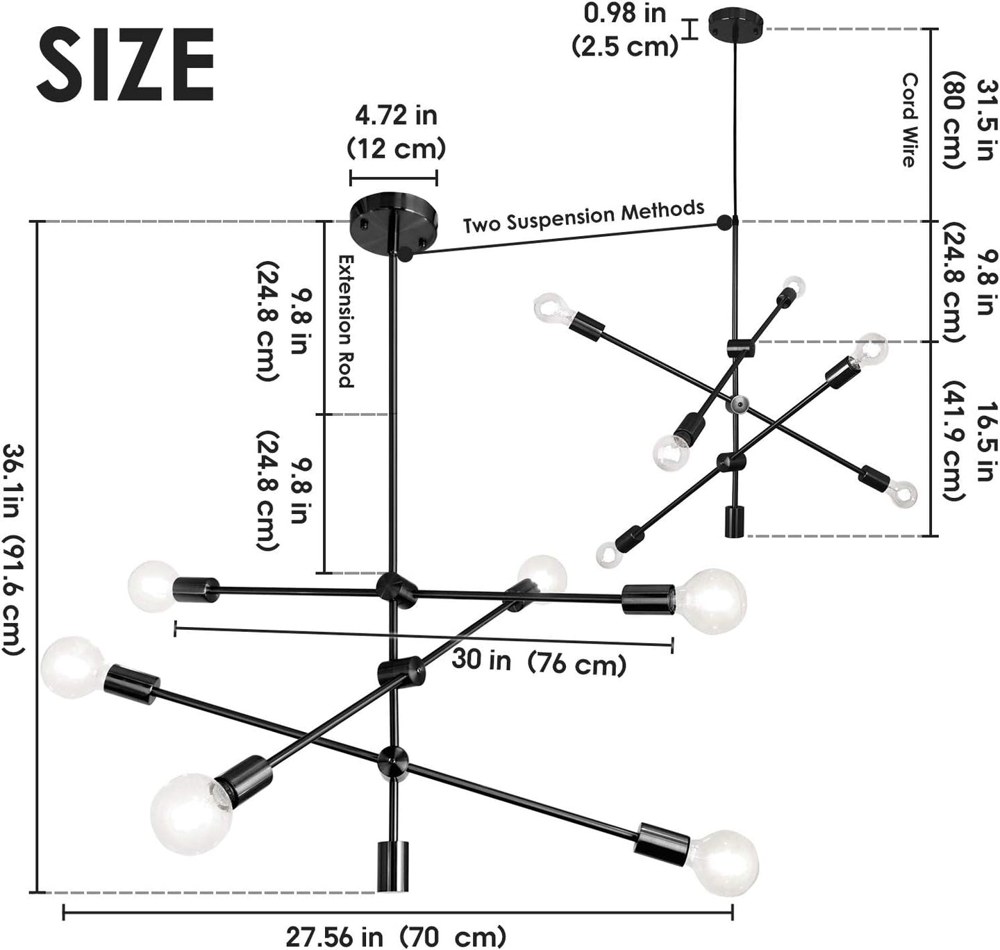 Sputnik Chandelier 6 Lights Modern Pendant Lighting Ceiling Light Fixture, Black, Bedroom Living Room Kitchen Hallway