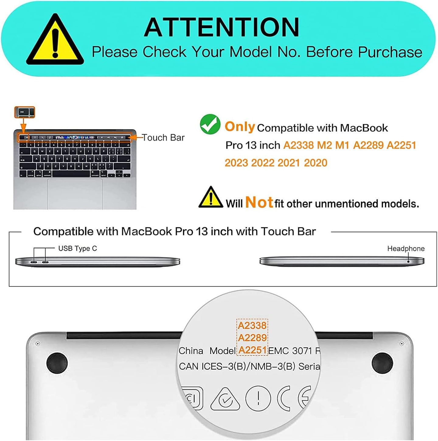 Compatible with Macbook Pro 13 Inch Case M2 2025 2024 2023 2022 2021 2020 A2338 M1 A2289 A2251 with Touch Bar, Heavy Duty Plastic Hard Shell Case with TPU Bumper&Keyboard Cover, Black