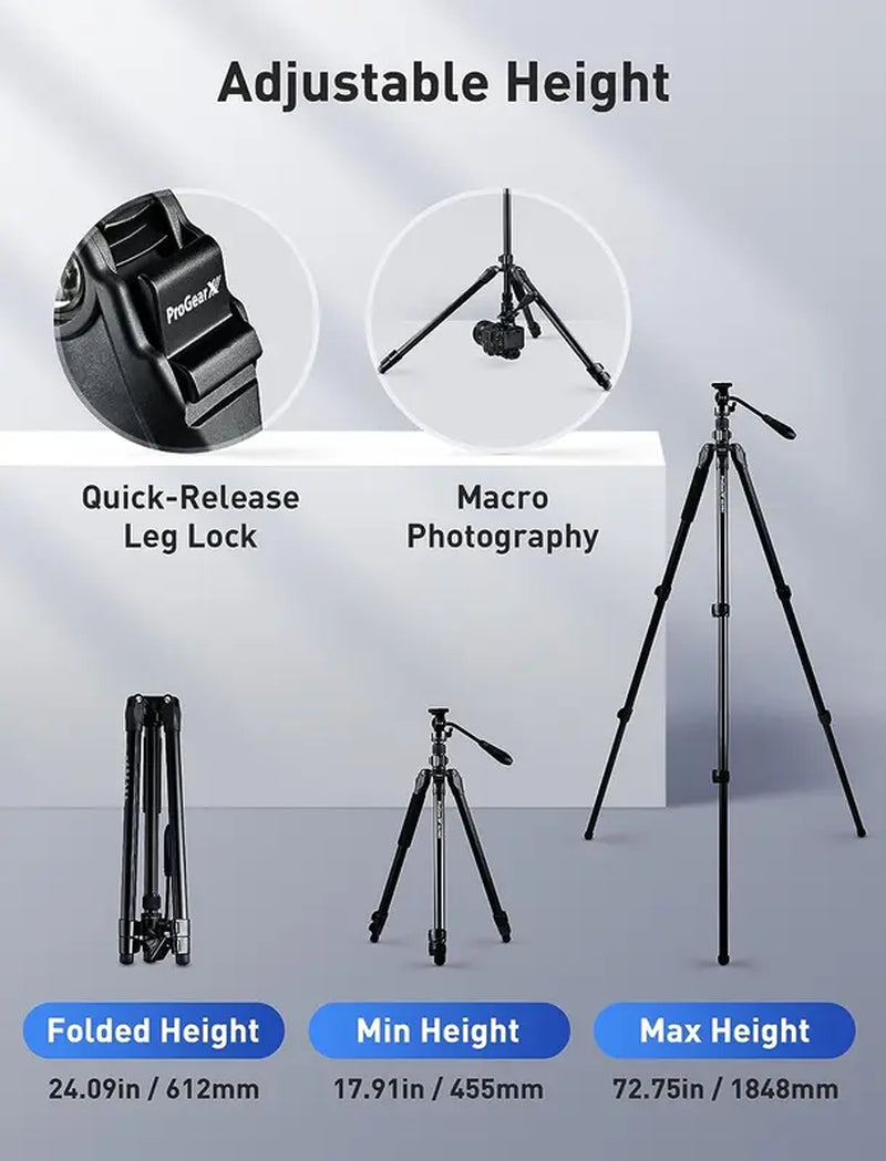 Progearx 73″ Camera Tripod, Professional Complete Tripod with 360°Fluid Head, QR Plate, Robust Aluminium Alloy Body, Carrying Bag, Video Tripod for Camera, DSLR, SLR, Canon, Nikon, Binoculars