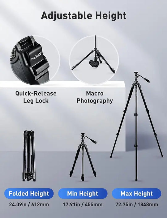 Progearx 73″ Camera Tripod, Professional Complete Tripod with 360°Fluid Head, QR Plate, Robust Aluminium Alloy Body, Carrying Bag, Video Tripod for Camera, DSLR, SLR, Canon, Nikon, Binoculars