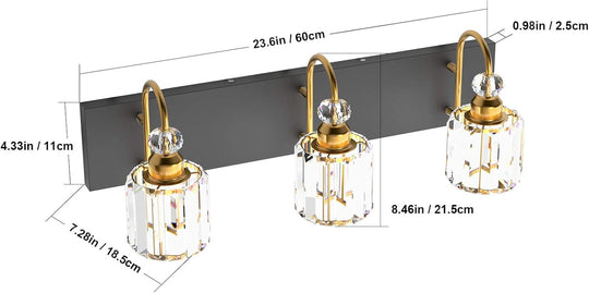 Modern Bathroom Vanity Light Fixture, 3-Lights, Black Metal & Crystal, HJ-8600-3T