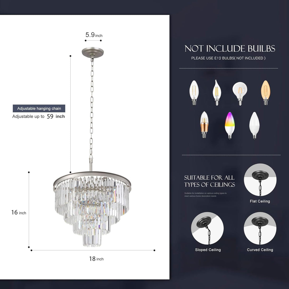 5 Lights Crystal Modern Nickel Chandeliers Pendant Ceiling Light 4-Tier Chandelier Lighting for Dining Room Living Room Bedroom Entryway