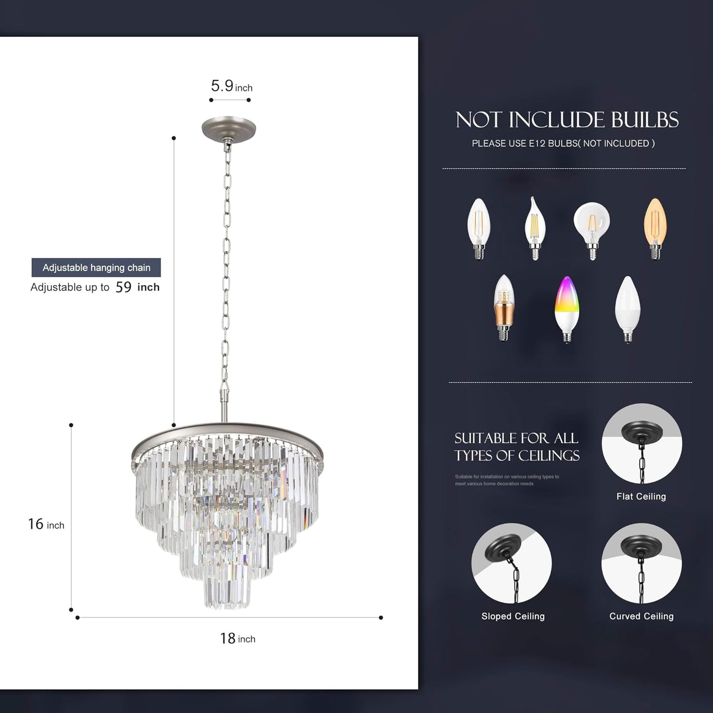 5 Lights Crystal Modern Nickel Chandeliers Pendant Ceiling Light 4-Tier Chandelier Lighting for Dining Room Living Room Bedroom Entryway