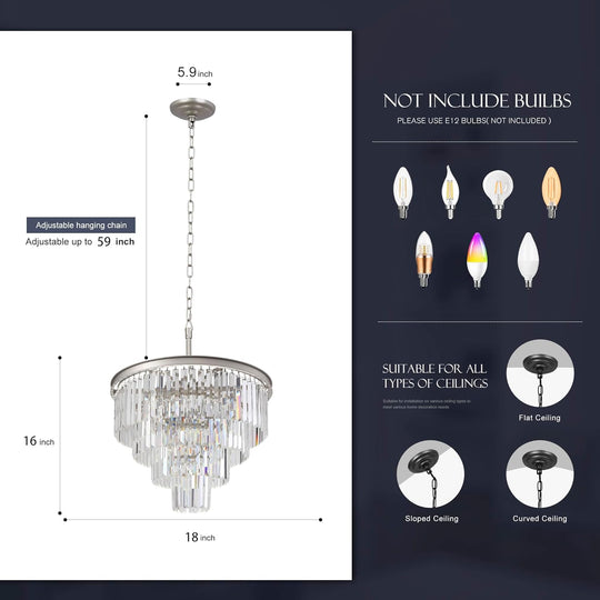 5 Lights Crystal Modern Nickel Chandeliers Pendant Ceiling Light 4-Tier Chandelier Lighting for Dining Room Living Room Bedroom Entryway