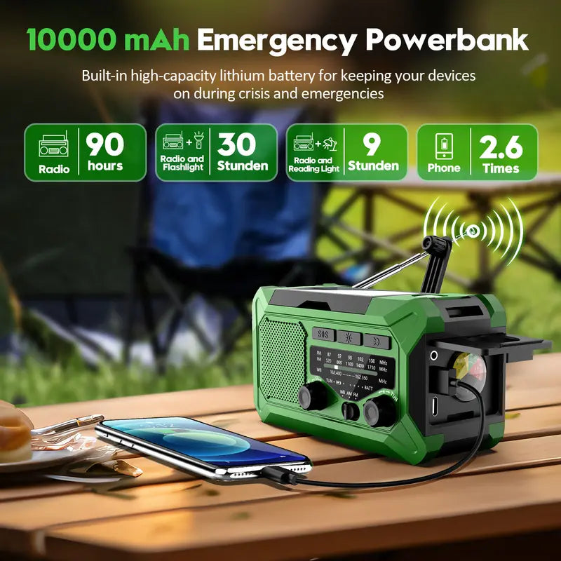 10000Mah Emergency Hand Crank Radio with LED Flashlight, AM/FM NOAA Portable Weather Alert Radio, Solar Powered Radio with Phone Charger, USB Charged, Headphone Jack, SOS Alarm, Compass for Outdoors Audio Button Rechargeable Mobile