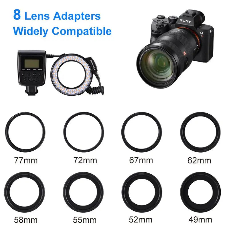 Ring Flash Light, 48 Micro LED Ring Flash Light with LCD Display Power Control, 4Pcs Flash Diffusers & 8Pcs Lens Adaptor for Canon, Nikon DSLR Cameras, Camera Accessories
