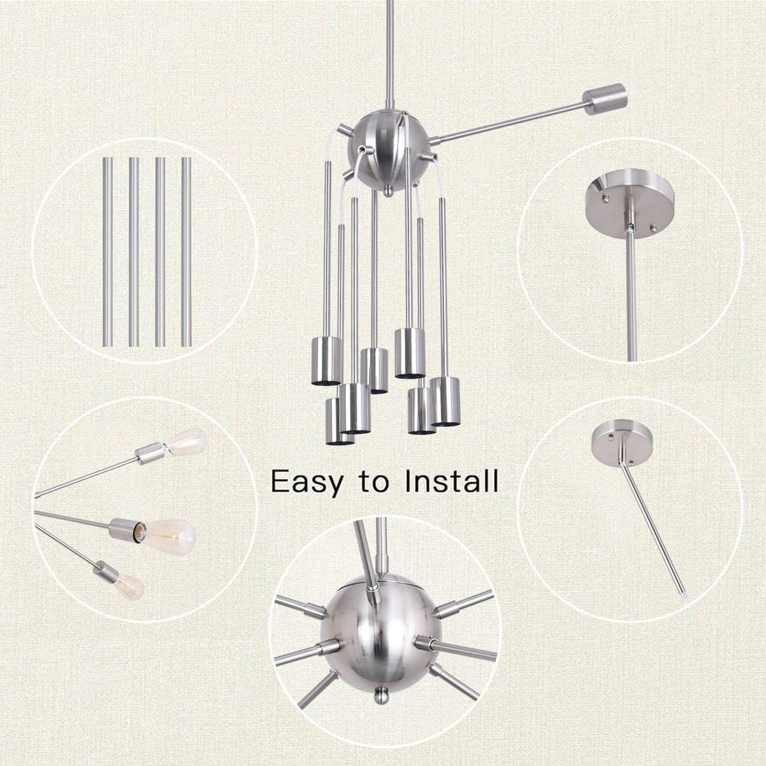 Sputnik Chandeliers 8 Lights Modern Pendant Lighting Industrial Vintage Ceiling Light Fixture, Nickel, Dining Room Bedroom Living Room Kitchen