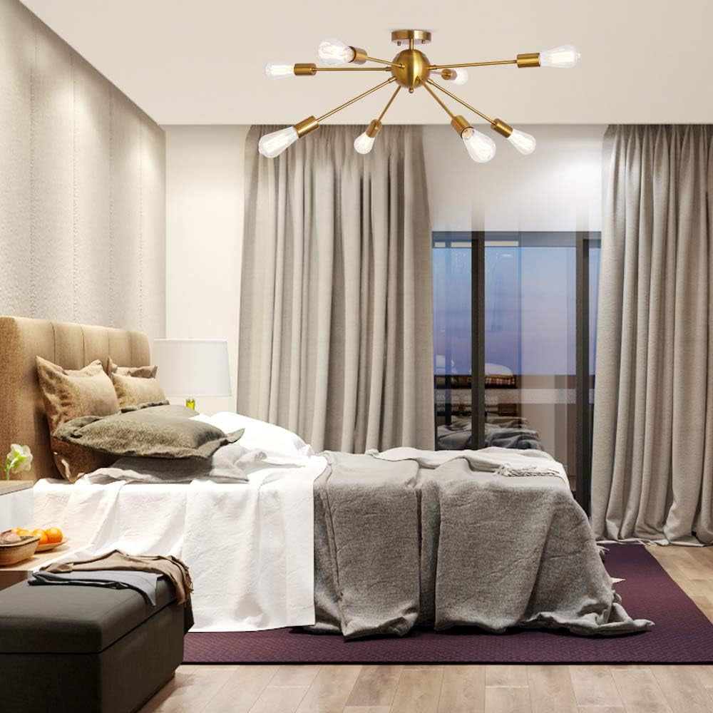Sputnik Chandelier 8 Lights Semi Flush Mount Ceiling Light Modern Pendant Light Fixture, Brass, Bedroom Dining Room Kitchen Living Room
