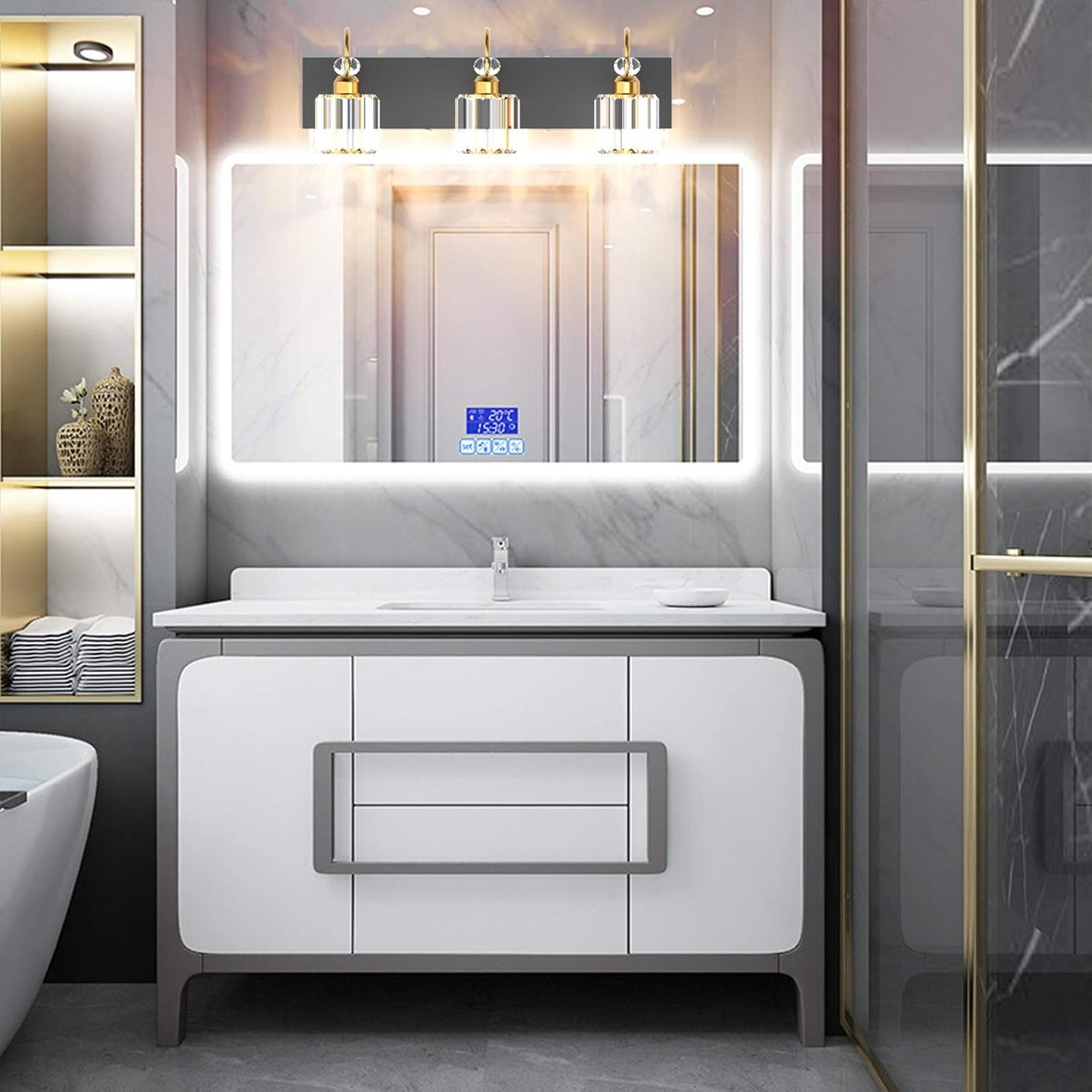 Modern Bathroom Vanity Light Fixture, 3-Lights, Black Metal & Crystal, HJ-8600-3T