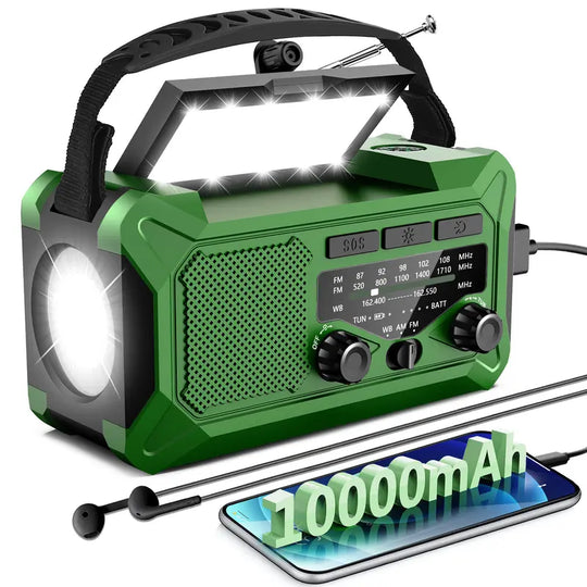10000Mah Emergency Hand Crank Radio with LED Flashlight, AM/FM NOAA Portable Weather Alert Radio, Solar Powered Radio with Phone Charger, USB Charged, Headphone Jack, SOS Alarm, Compass for Outdoors Audio Button Rechargeable Mobile
