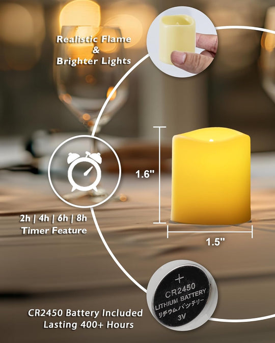 400+ Hour Remote Control Candles, 2/4/6/8H Timer LED Votive Candles, Battery Operated Tea Lights in Warm White for Outdoor, Table, Halloween, Christmas (Batteries Included