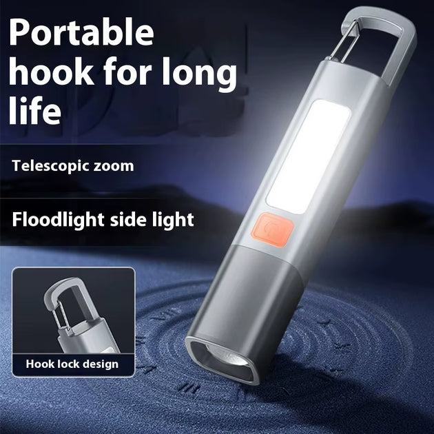 Strong Lighting ABS Flashlamp USB Charging Portable Outdoor Small Flashlight Camping Hanging Lamp Telescopic Focus COB Side Lamp