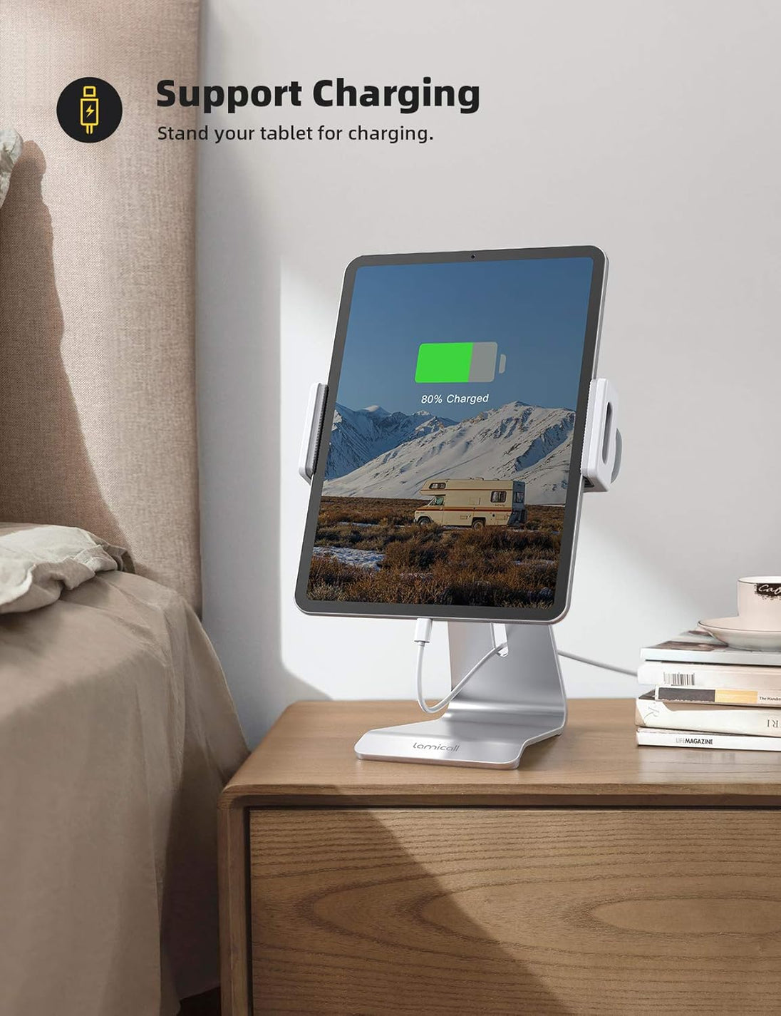 Tablet Stand, Adjustable Tablet Holder Dock - 360 Degree Rotating Tablet Mount, Desktop Tablet Dock, Compatible with Ipad Pro, Mini, Air, Galaxy Tabs, Kindle and 5.5-8.6" Wide Tablet - Silver