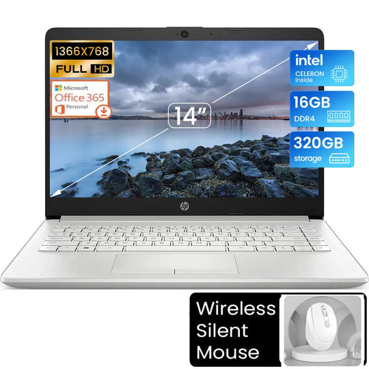 HP Stream 14 Inch Laptop for Student and Business, Intel Quad-Core N4120 Processor, up to 16GB RAM, 320GB Storage（No SD Port）, 1-Year Office 365, Webcam, Wi-Fi, Win 11 S, Silver,Bundle with Folding Mouse