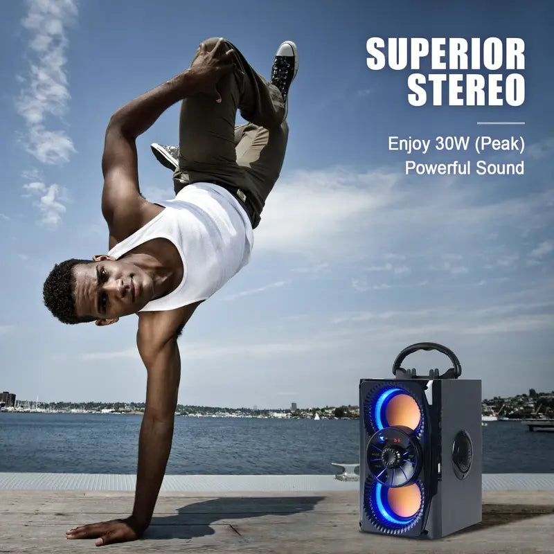 Bluetooth Speaker, Portable Wireless Speakers with Lights, 2 Double Subwoofer Heavy Bass, 2 Loud Speaker, FM Radio, SD Player, Suitable for Travel, Indoor and Outdoor