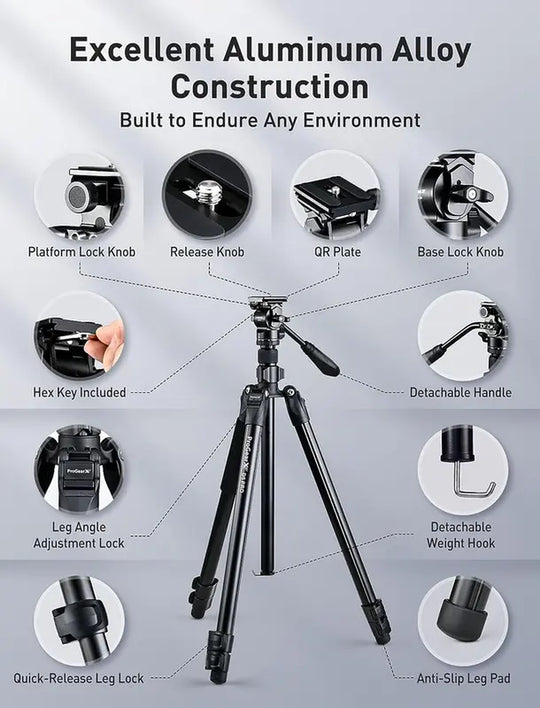 Progearx 73″ Camera Tripod, Professional Complete Tripod with 360°Fluid Head, QR Plate, Robust Aluminium Alloy Body, Carrying Bag, Video Tripod for Camera, DSLR, SLR, Canon, Nikon, Binoculars