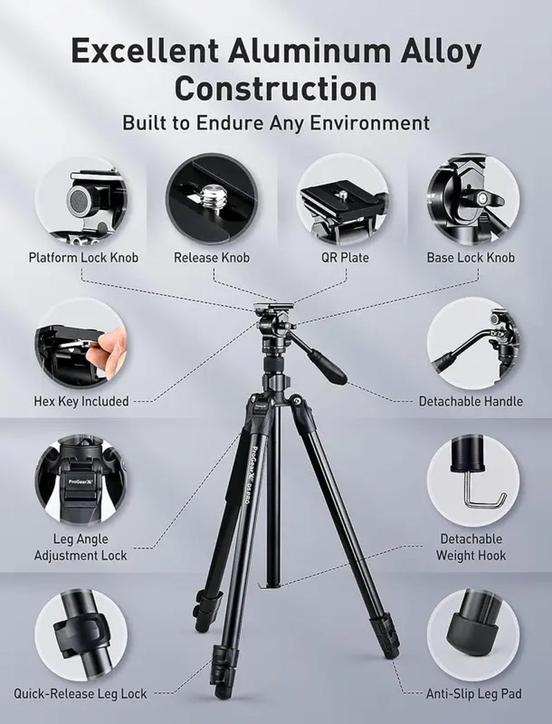 Progearx 73″ Camera Tripod, Professional Complete Tripod with 360°Fluid Head, QR Plate, Robust Aluminium Alloy Body, Carrying Bag, Video Tripod for Camera, DSLR, SLR, Canon, Nikon, Binoculars