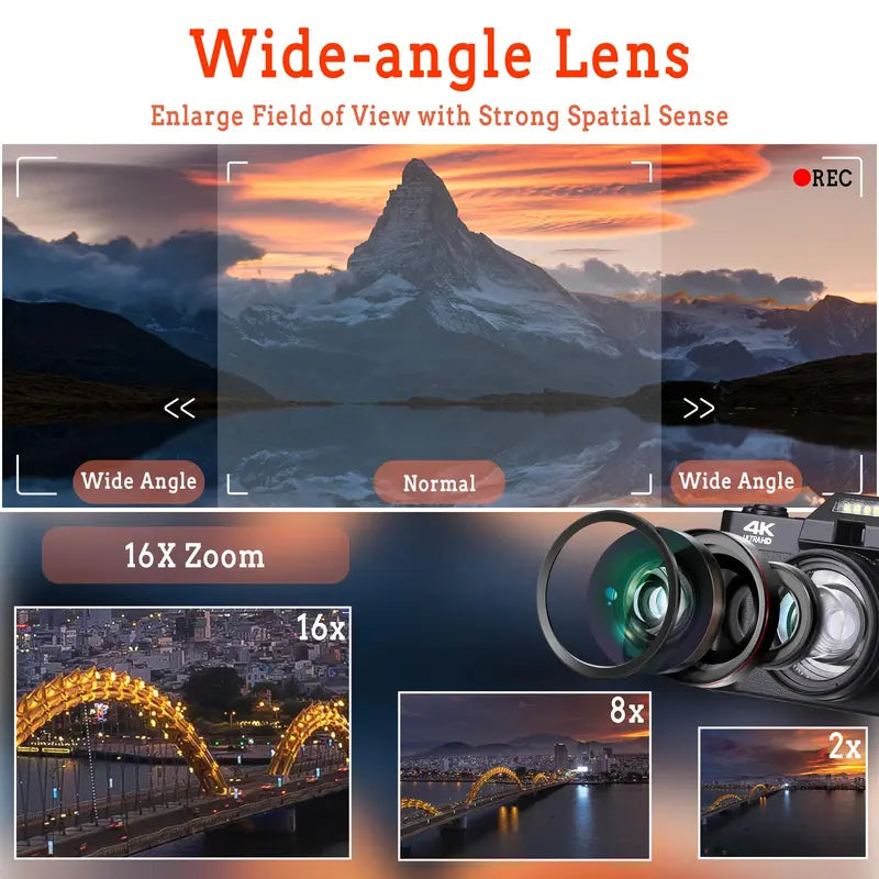 Autofocus Digital Camera for Photography & Video, 48MP 4K Vlogging Camera with 180° Flip Screen, Camera for Vlogging, Camera for Pictures, 3-Inch Compact Digital Cameras with 16X Digital Zoom, 32GB TF Card