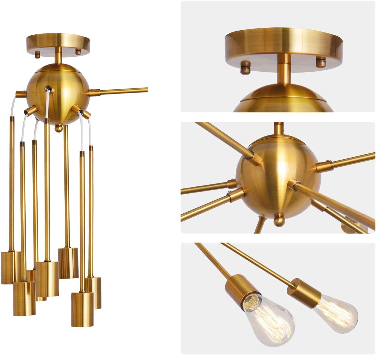 Sputnik Chandelier 8 Lights Semi Flush Mount Ceiling Light Modern Pendant Light Fixture, Brass, Bedroom Dining Room Kitchen Living Room