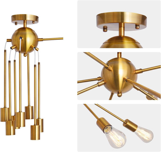 Sputnik Chandelier 8 Lights Semi Flush Mount Ceiling Light Modern Pendant Light Fixture, Brass, Bedroom Dining Room Kitchen Living Room