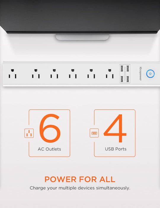 Power Strip with 10 Feet,  Surge Protector with 6 AC Outlets and 4 USB Ports, 10 Ft Extension Cord for for Home, Office, Dorm Essentials, 2100 Joules, ETL Listed (White)