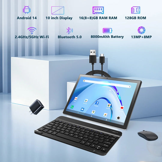 Tablet 2025 Newest Android 14 Tablet, 10 Inch Tablet,5G Wi-Fi Tablet Computer,2 in 1 Tablet with Keyboard, 128GB ROM+16(8+8)GB RAM + 1TB Expand,Octa-Core Processor,1920 * 1200 Ips,Bluetooth,Gps,Black