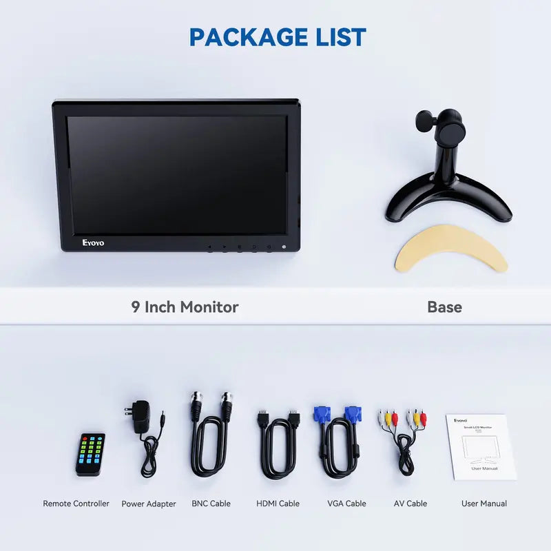 Eyoyo 9 Inch Small Monitor, 1024X600 16:9 IPS HDMI Monitor Support HDMI/VGA/AV/BNC Input with Remote Control & Built-In Speakers, Security Monitor for Computer Raspi CCTV Camera Car
