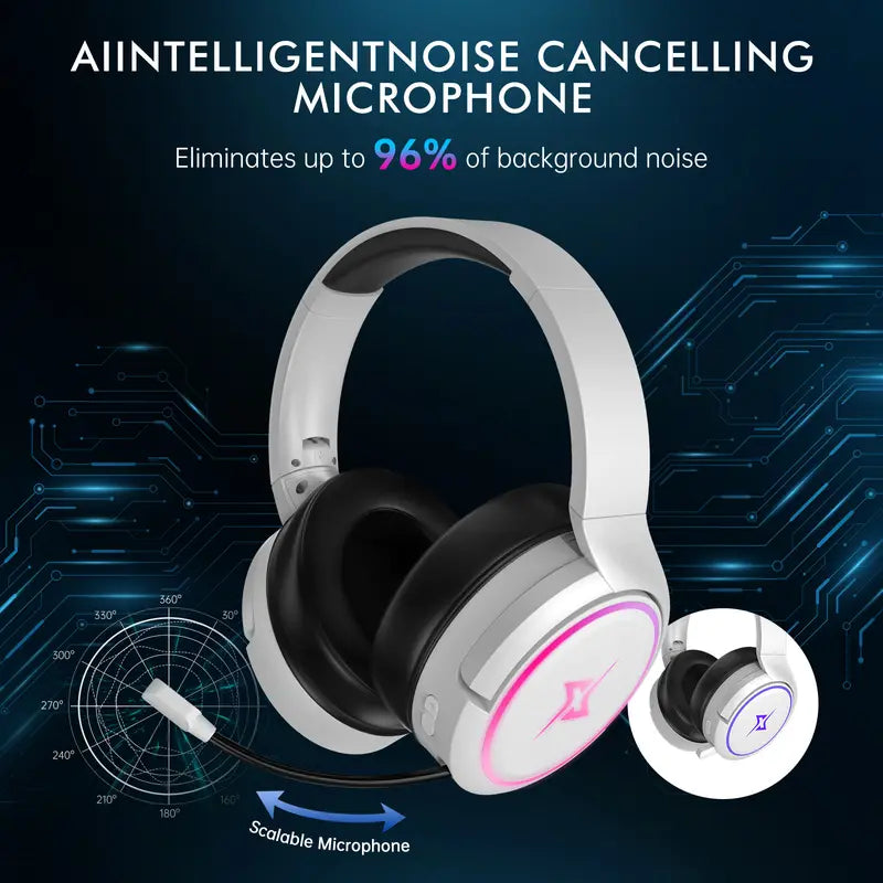Targeal 2.4G Wireless Gaming Headset for PC, PS4, PS5, Switch, Mac,Mobile- Rotatable & Foldable Bluetooth V5.3 Headphone-20H Battery & RGB Light-Memory Ear Pads-Stretchable Noise Cancelling Audio