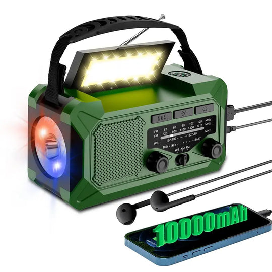 10000Mah Emergency Hand Crank Radio with LED Flashlight, AM/FM NOAA Portable Weather Alert Radio, Solar Powered Radio with Phone Charger, USB Charged, Headphone Jack, SOS Alarm, Compass for Outdoors Audio Button Rechargeable Mobile
