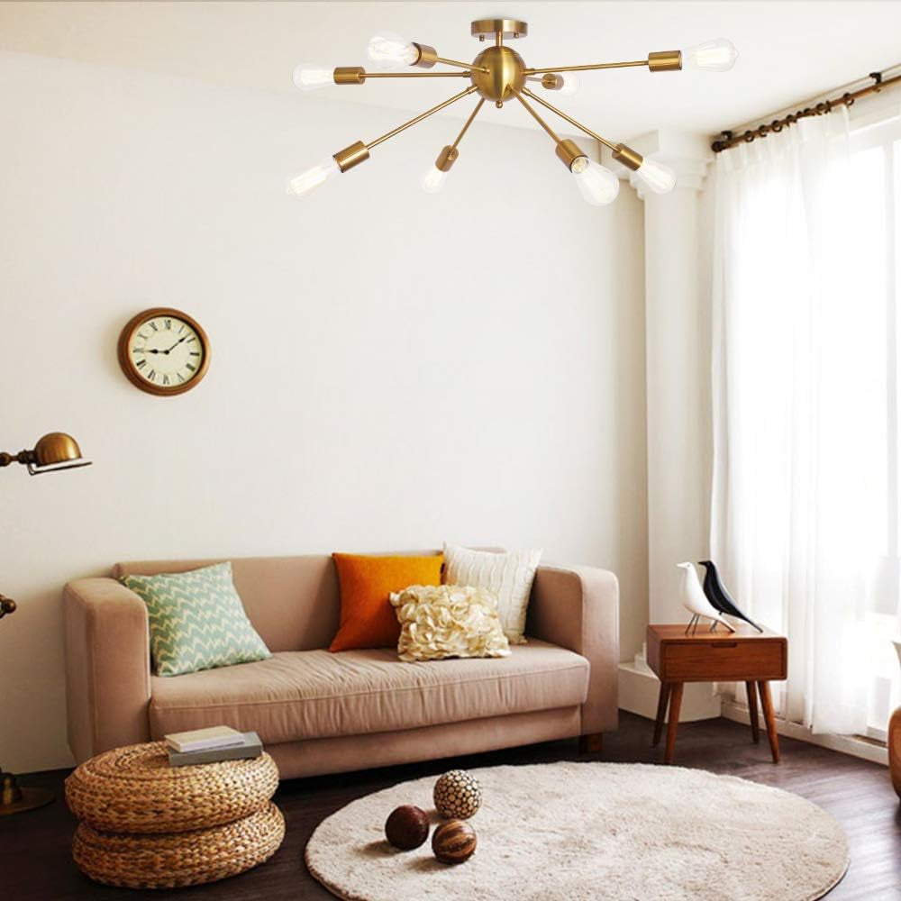 Sputnik Chandelier 8 Lights Semi Flush Mount Ceiling Light Modern Pendant Light Fixture, Brass, Bedroom Dining Room Kitchen Living Room