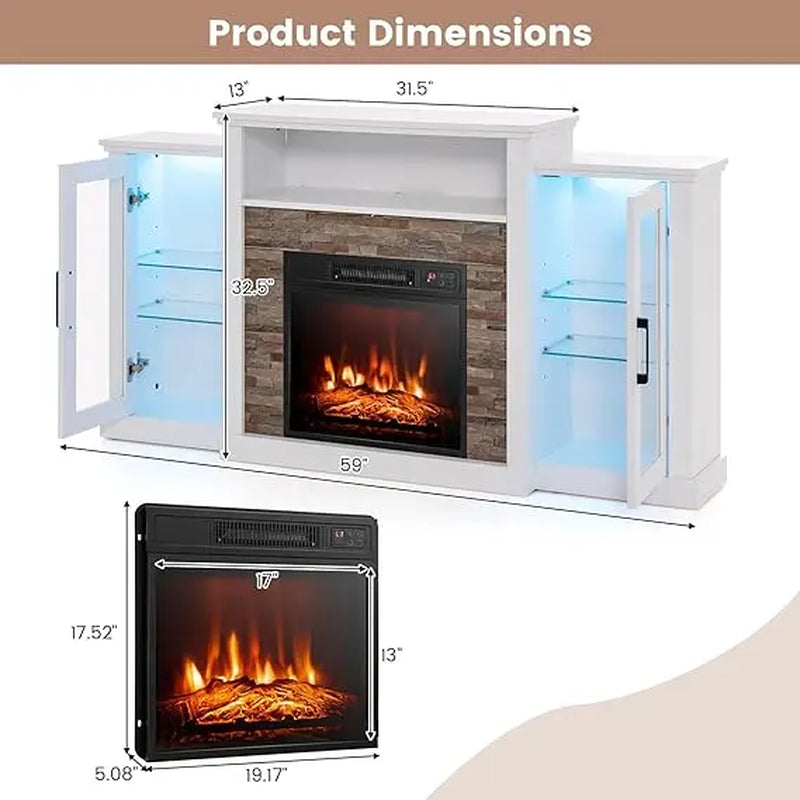 Electric Fireplace TV Stand, Electric Fireplace Mantel with 16-Color Led Lights, Adjustable Glass Shelves, Remote & Smart APP Control, TV Console for Living Room