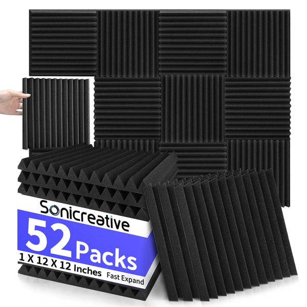 52 Pack Acoustic Foam Panels 1 X 12 X 12 Inches Large Sound Proof Foam Panels for Walls, Wedge Soundproof Wall Panels 