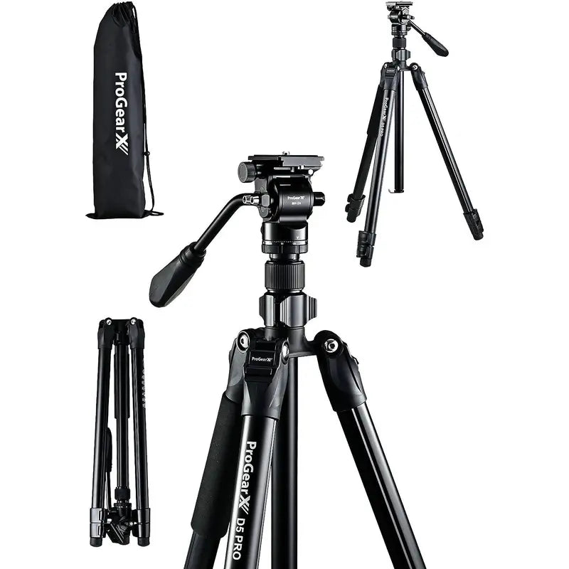 Progearx 73″ Camera Tripod, Professional Complete Tripod with 360°Fluid Head, QR Plate, Robust Aluminium Alloy Body, Carrying Bag, Video Tripod for Camera, DSLR, SLR, Canon, Nikon, Binoculars