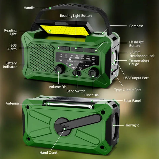 10000Mah Emergency Hand Crank Radio with LED Flashlight, AM/FM NOAA Portable Weather Alert Radio, Solar Powered Radio with Phone Charger, USB Charged, Headphone Jack, SOS Alarm, Compass for Outdoors Audio Button Rechargeable Mobile